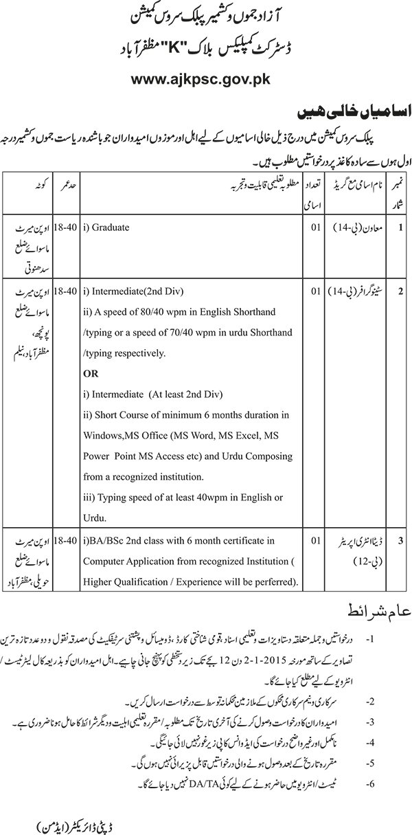 Advertisement for Assistant B-14, Stenographer B-14, Data Entry Operator B-12 - newspaper advertisement