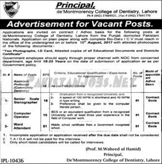 Jobs In de'Montmorency College of Dentistry, Lahore