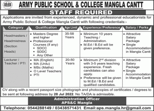ARMY PUBLIC SCHOOL & COLLEGE JOBS 2022