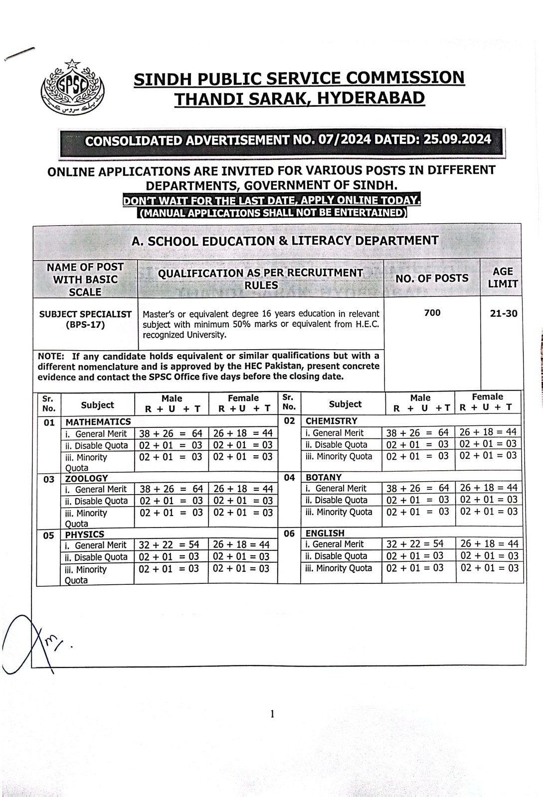 Advertisement 7/24 (Closing 18.10.2024 Extended - newspaper advertisement