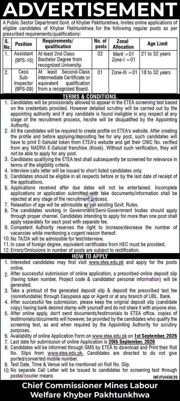 Commissionerate of Mines Labour Welfare Jobs September 2026 - newspaper advertisement