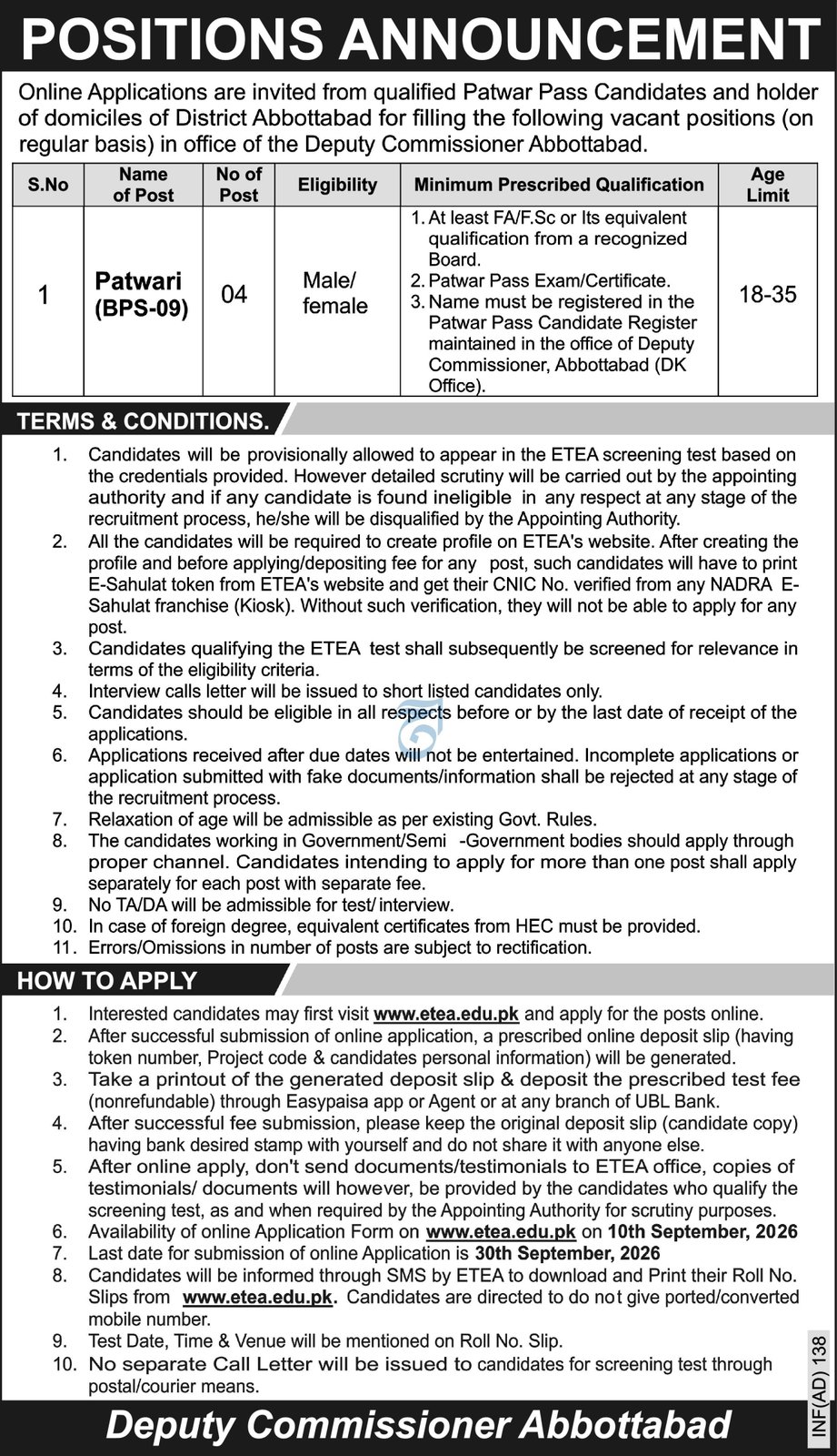 Office Of the Deputy Commissioner Abbottabad (DC Abbottabad) - 2026 - newspaper advertisement