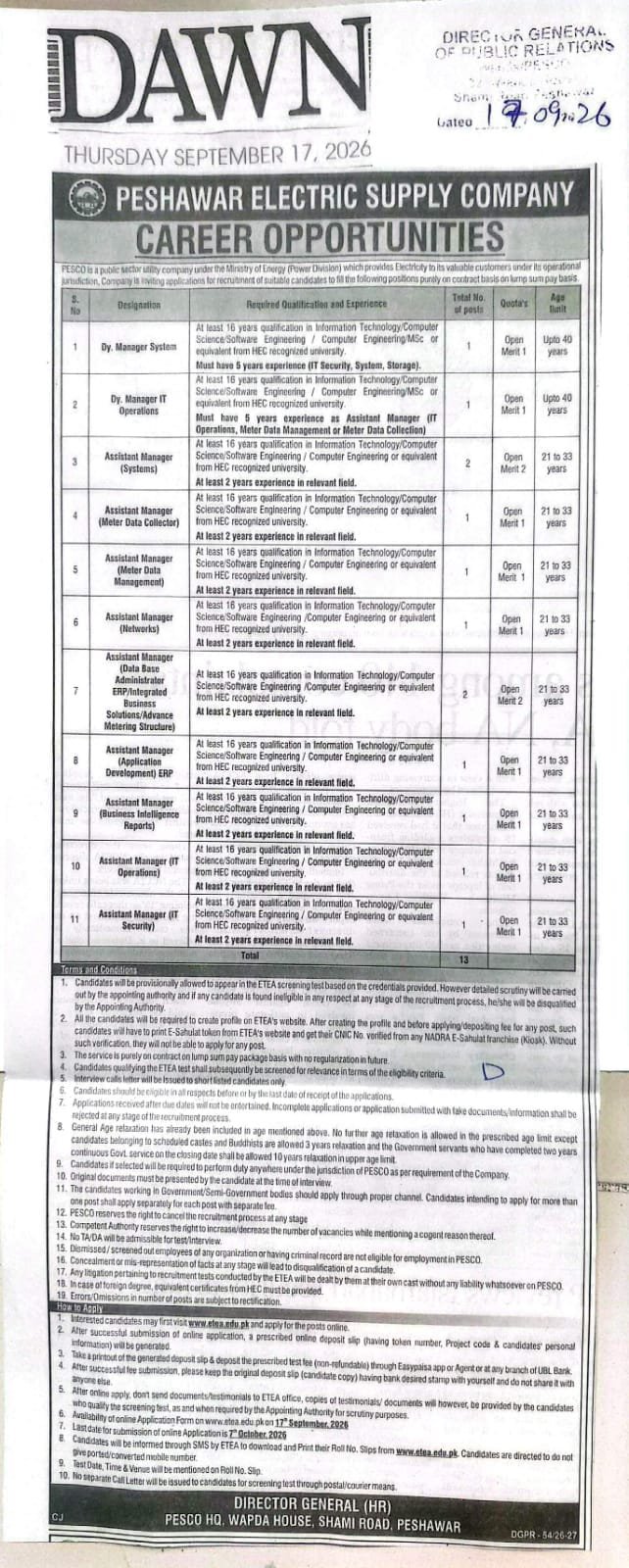 Peshawar Electric Supply Company (PESCO) - 2026 - newspaper advertisement