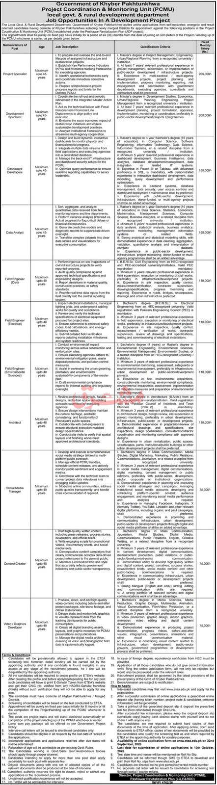 Project Coordination & Monitoring Unit (PCMU) Local Govt & Rural Development Department Jobs September 2026 - newspaper advertisement