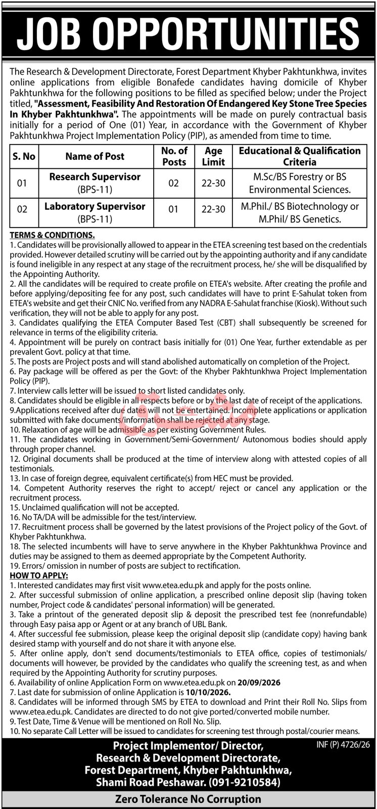 Research & Development Directorate, Forest Department - 2026 - newspaper advertisement