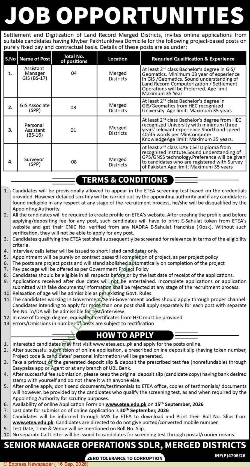 Settlement and Digitization of Land Record (SDLR Merged Districts) - 2026 - newspaper advertisement