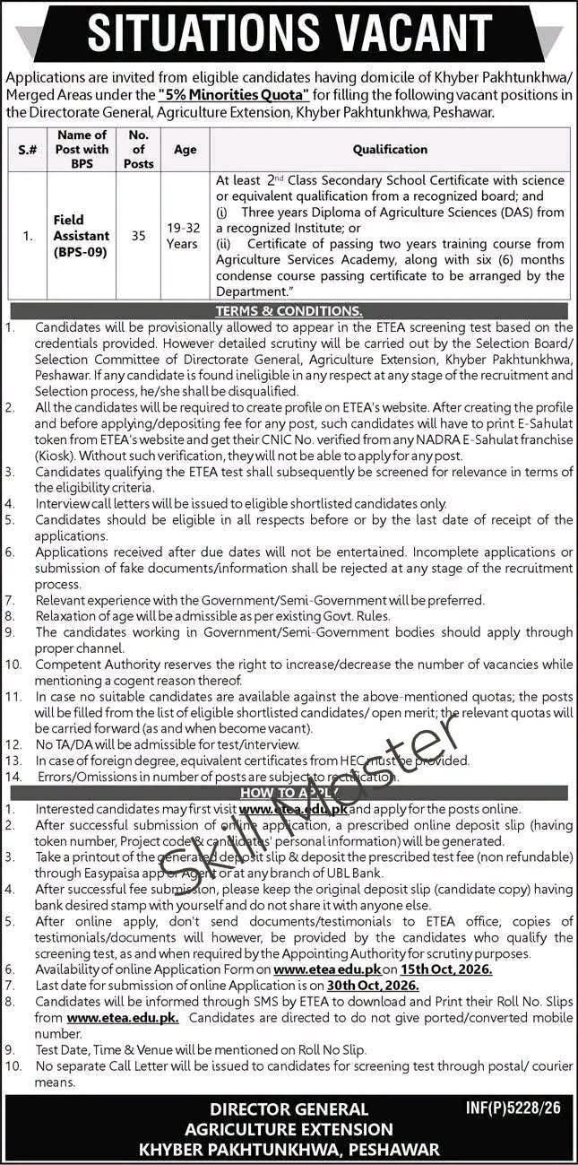 Director General Agriculture Extension Khyber Pakhtunkhwa - 2026 (Field Assistant) - newspaper advertisement