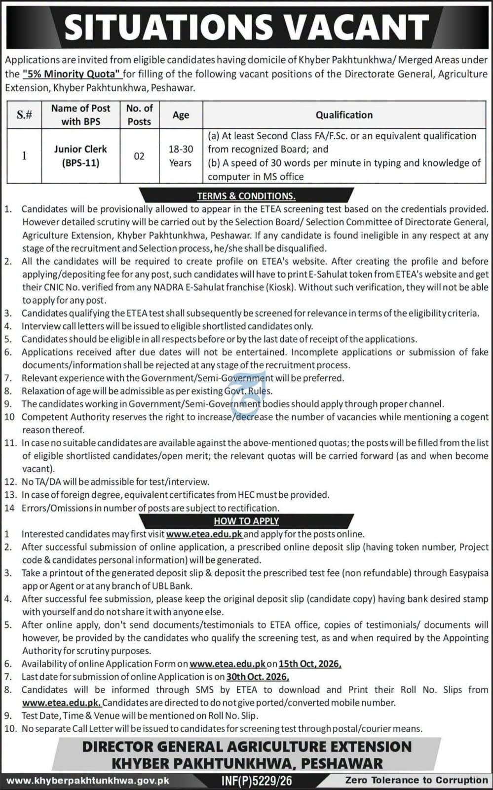 Director General Agriculture Extension Khyber Pakhtunkhwa - 2026 (Junior Clerk) - newspaper advertisement