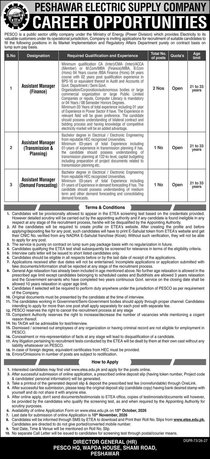 Peshawar Electric Supply Company (PESCO) - 2026 - newspaper advertisement