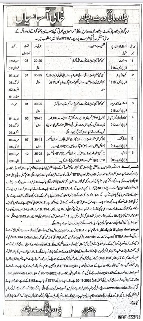 Peshawar High Court, Peshawar - 2026 - newspaper advertisement